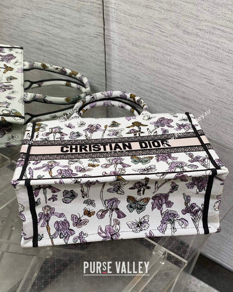 Dior Medium Book Tote Bag in Latte White Multicolor Butterflies Iris Purple Embroidery 2026 0126 (XXG-260126080)