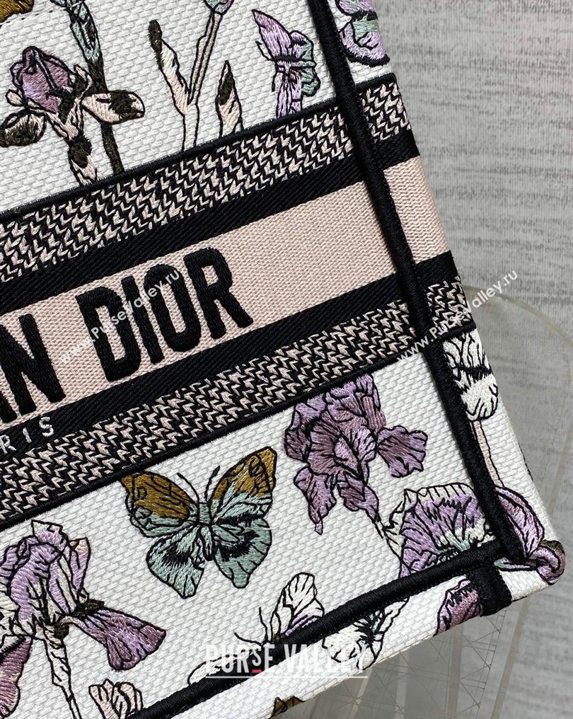 Dior Small Book Tote Bag in Latte White Multicolor Butterflies Iris Purple Embroidery 2026 0126 (XXG-260126081)