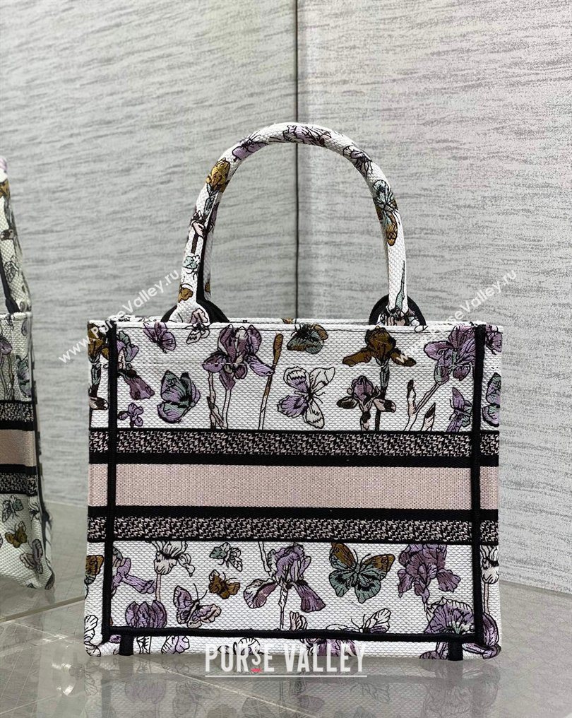 Dior Small Book Tote Bag in Latte White Multicolor Butterflies Iris Purple Embroidery 2026 0126 (XXG-260126081)