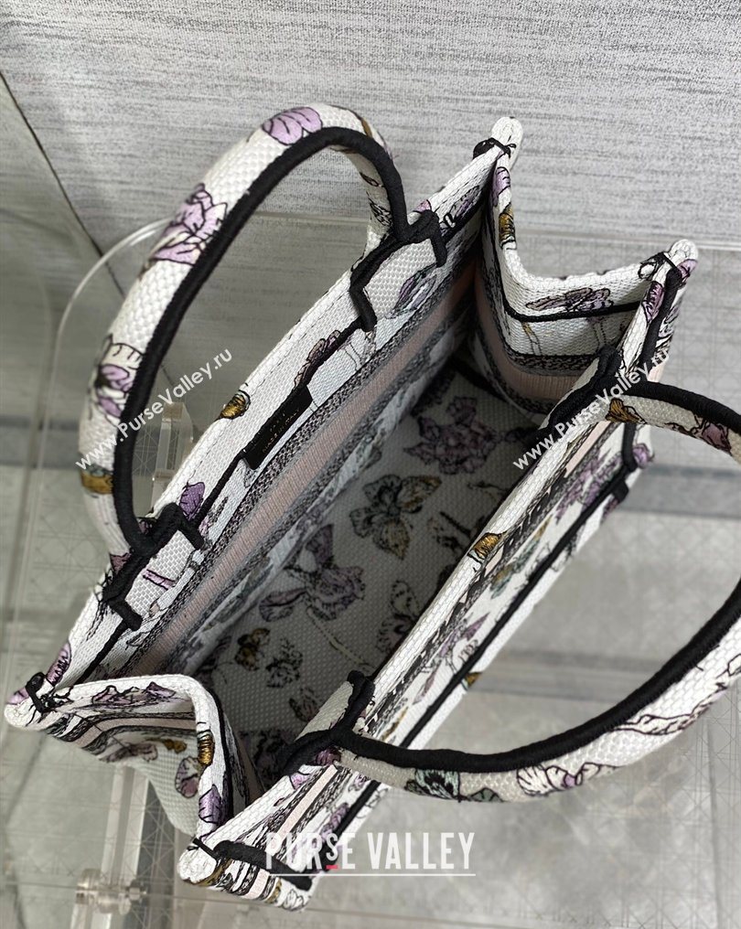 Dior Small Book Tote Bag in Latte White Multicolor Butterflies Iris Purple Embroidery 2026 0126 (XXG-260126081)