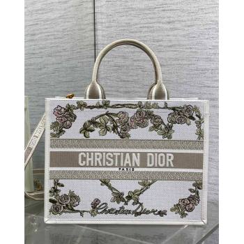 Dior Medium Book Tote Bag in Multicolor Amour de Roses Embroidery and Latte White Calfskin 2026 0126 (XXG-260126084)