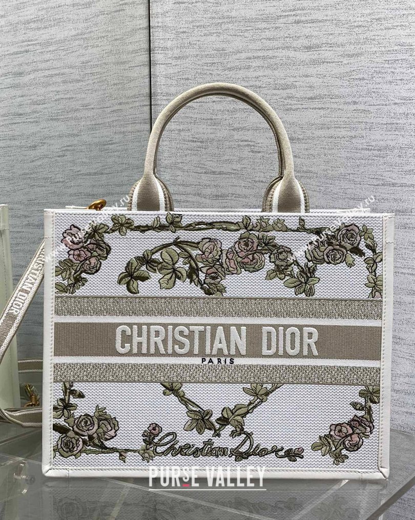 Dior Medium Book Tote Bag in Multicolor Amour de Roses Embroidery and Latte White Calfskin 2026 0126 (XXG-260126084)