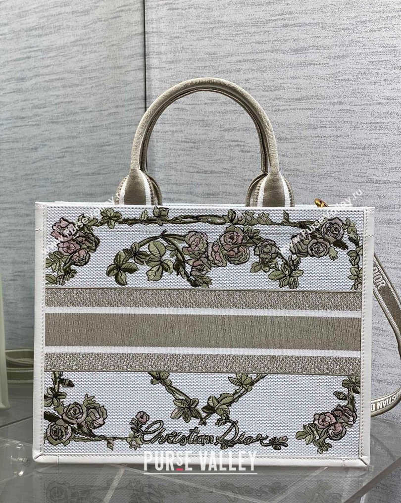 Dior Medium Book Tote Bag in Multicolor Amour de Roses Embroidery and Latte White Calfskin 2026 0126 (XXG-260126084)