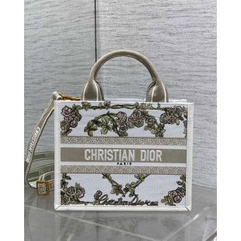 Dior Small Book Tote Bag in Multicolor Amour de Roses Embroidery and Latte White Calfskin 2026 0126 (XXG-260126085)