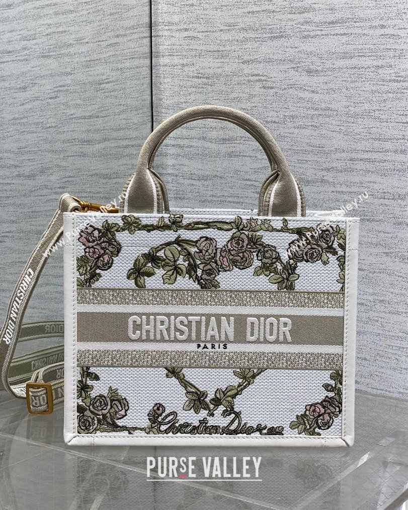 Dior Small Book Tote Bag in Multicolor Amour de Roses Embroidery and Latte White Calfskin 2026 0126 (XXG-260126085)