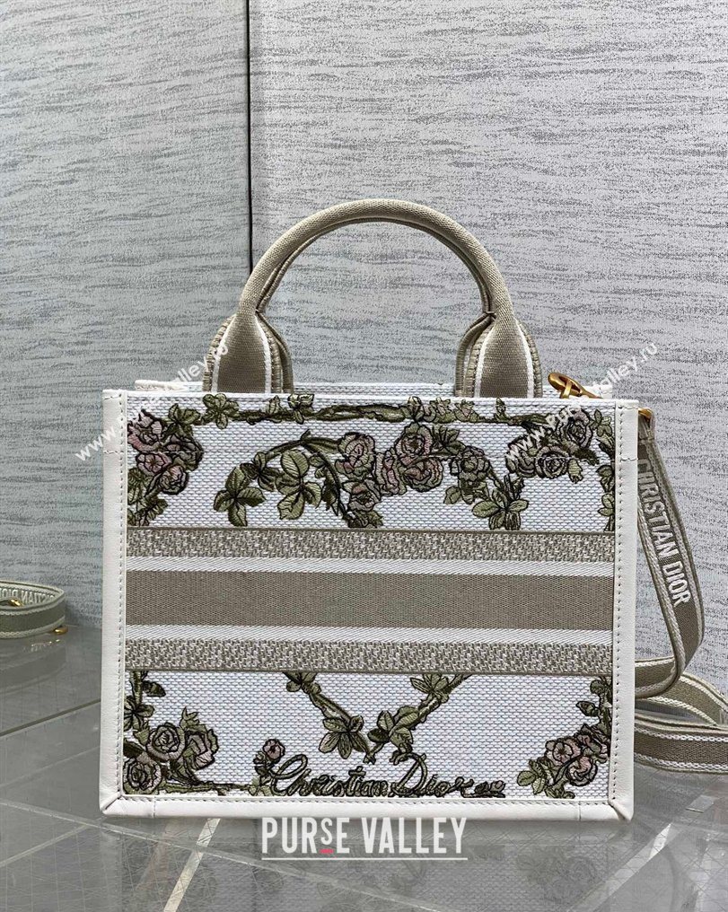 Dior Small Book Tote Bag in Multicolor Amour de Roses Embroidery and Latte White Calfskin 2026 0126 (XXG-260126085)