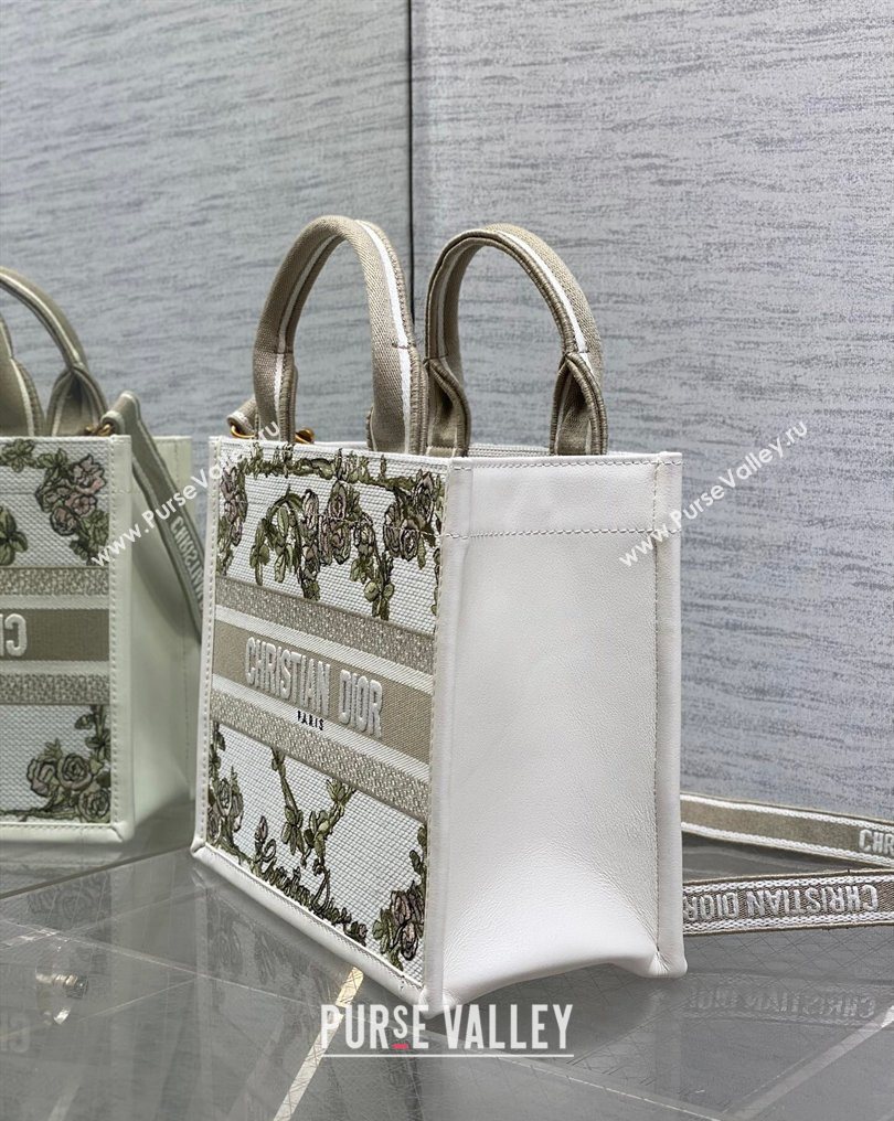 Dior Small Book Tote Bag in Multicolor Amour de Roses Embroidery and Latte White Calfskin 2026 0126 (XXG-260126085)