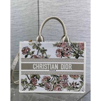 Dior Medium Book Tote Bag in Multicolor Roses Embroidery and Latte White Calfskin 2026 0125 (XXG-260126086)