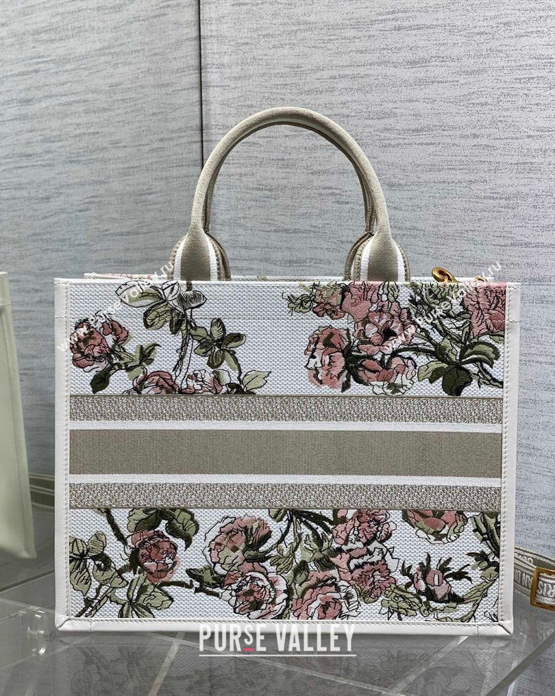 Dior Medium Book Tote Bag in Multicolor Roses Embroidery and Latte White Calfskin 2026 0125 (XXG-260126086)