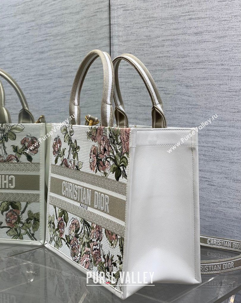 Dior Medium Book Tote Bag in Multicolor Roses Embroidery and Latte White Calfskin 2026 0125 (XXG-260126086)