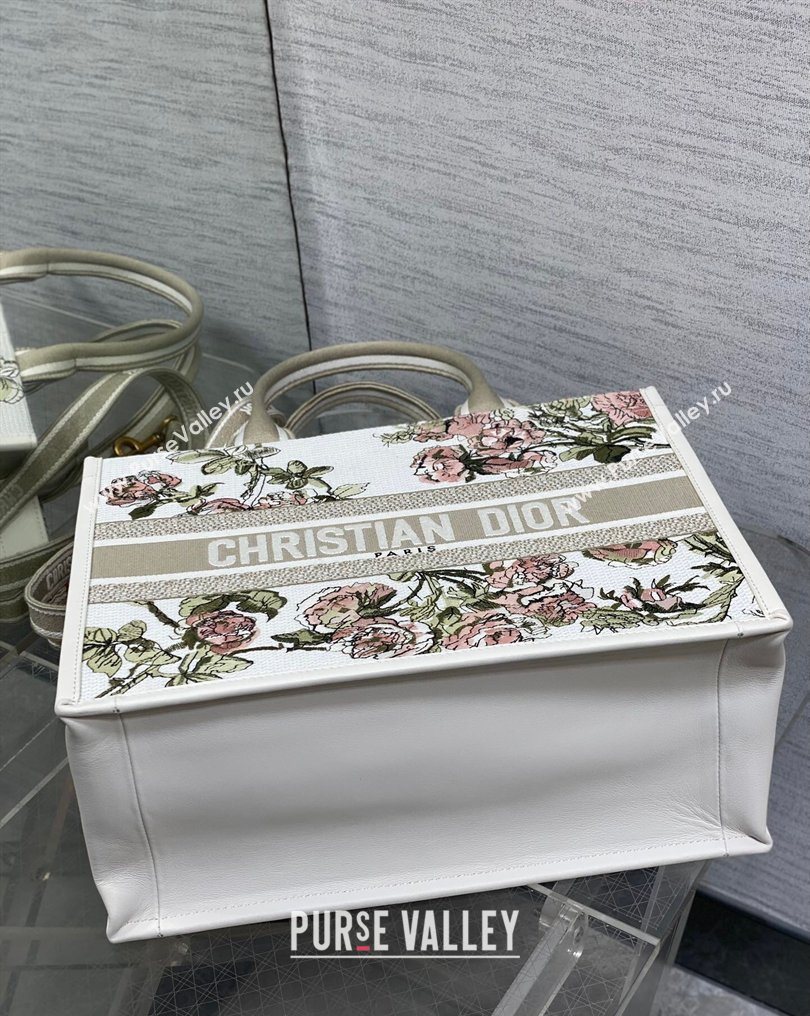 Dior Medium Book Tote Bag in Multicolor Roses Embroidery and Latte White Calfskin 2026 0125 (XXG-260126086)
