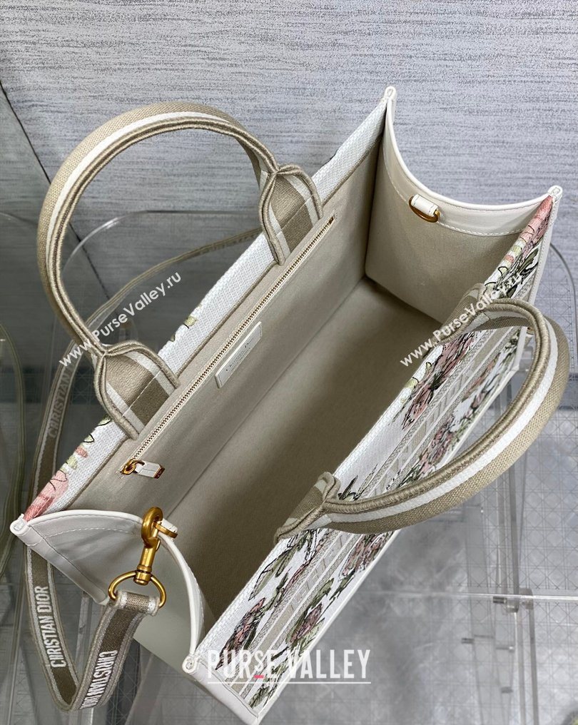 Dior Medium Book Tote Bag in Multicolor Roses Embroidery and Latte White Calfskin 2026 0125 (XXG-260126086)