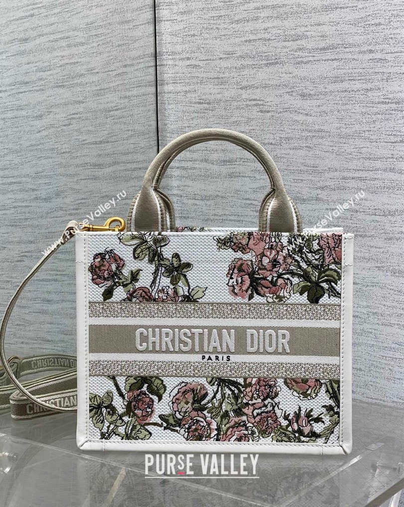 Dior Small Book Tote Bag in Multicolor Roses Embroidery and Latte White Calfskin 2026 0125 (XXG-260126087)