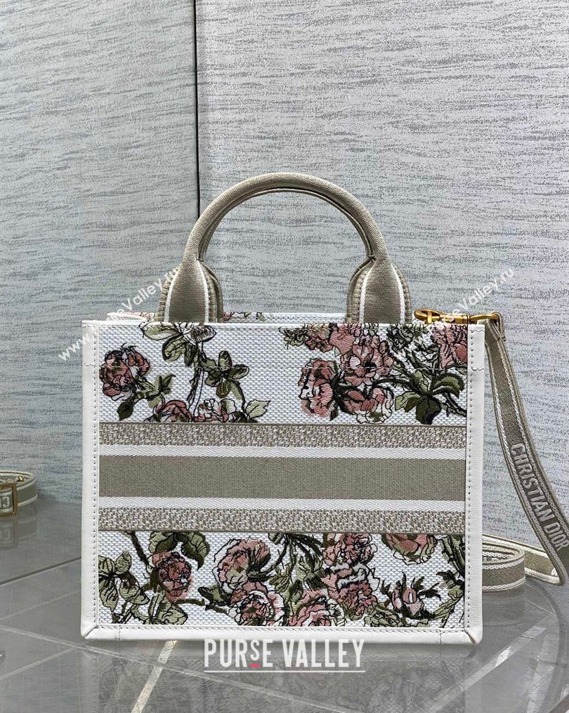 Dior Small Book Tote Bag in Multicolor Roses Embroidery and Latte White Calfskin 2026 0125 (XXG-260126087)