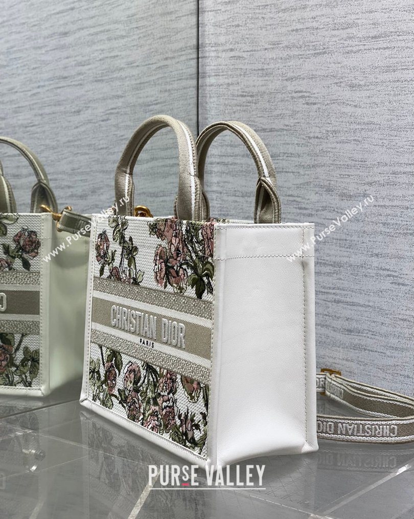 Dior Small Book Tote Bag in Multicolor Roses Embroidery and Latte White Calfskin 2026 0125 (XXG-260126087)