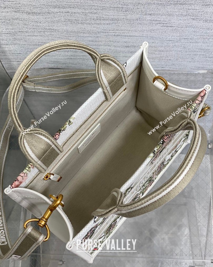 Dior Small Book Tote Bag in Multicolor Roses Embroidery and Latte White Calfskin 2026 0125 (XXG-260126087)
