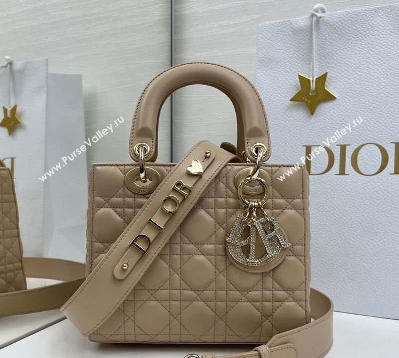 Dior Small Lady Dior My ABCDior Bag in Cannage Lambskin Leather with Strass Charm Dusty Beige 2026 0126 (XXG-260126051)