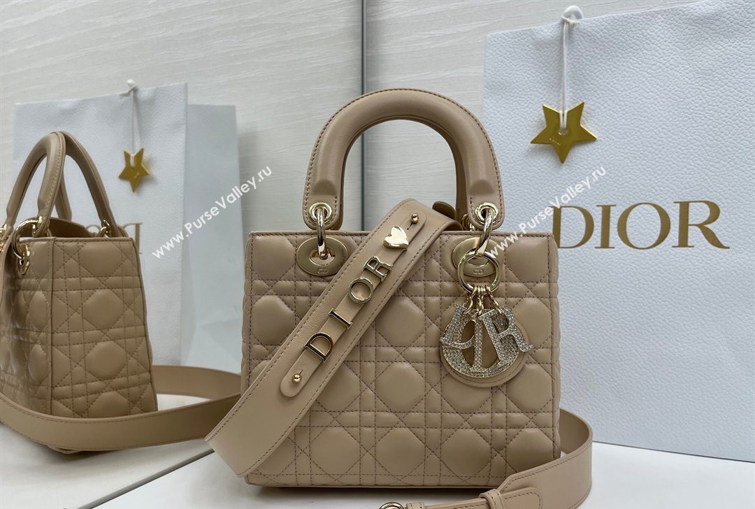 Dior Small Lady Dior My ABCDior Bag in Cannage Lambskin Leather with Strass Charm Dusty Beige 2026 0126 (XXG-260126051)