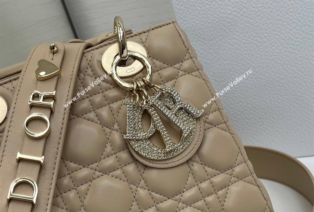 Dior Small Lady Dior My ABCDior Bag in Cannage Lambskin Leather with Strass Charm Dusty Beige 2026 0126 (XXG-260126051)