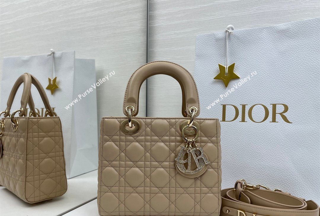 Dior Small Lady Dior My ABCDior Bag in Cannage Lambskin Leather with Strass Charm Dusty Beige 2026 0126 (XXG-260126051)