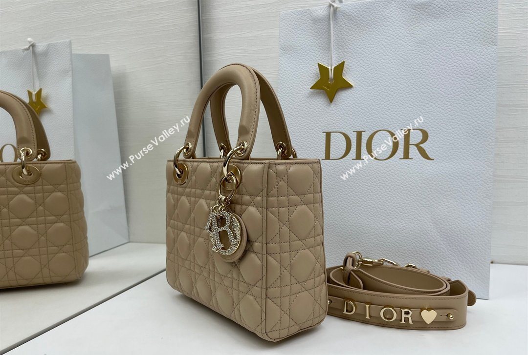 Dior Small Lady Dior My ABCDior Bag in Cannage Lambskin Leather with Strass Charm Dusty Beige 2026 0126 (XXG-260126051)