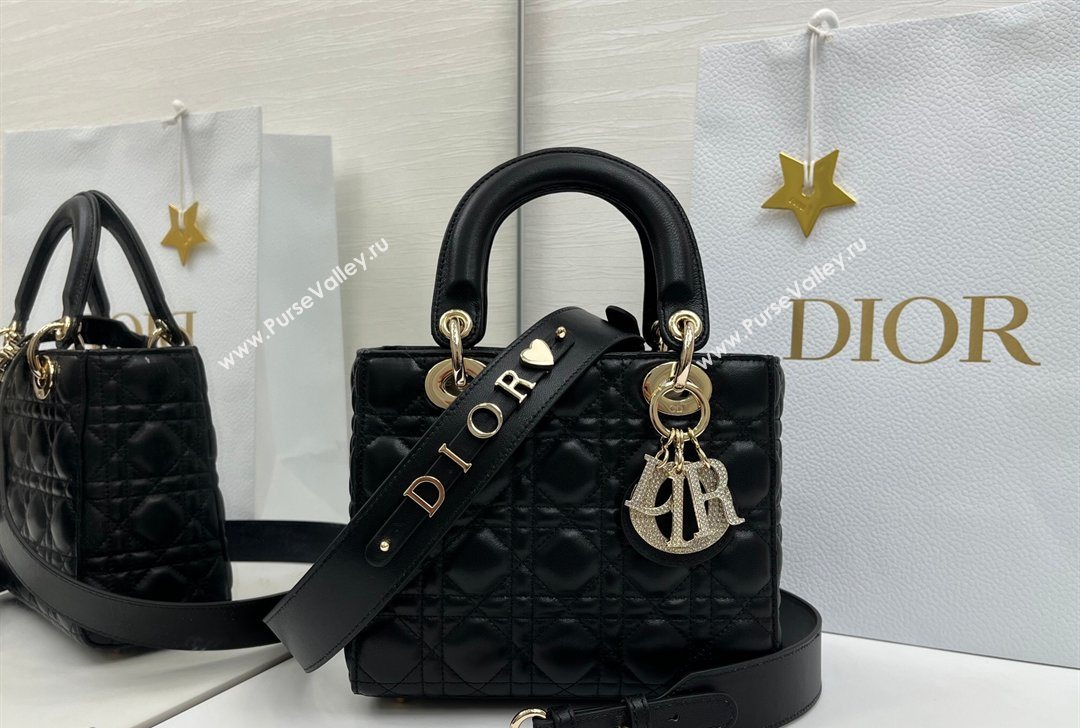 Dior Small Lady Dior My ABCDior Bag in Cannage Lambskin Leather with Strass Charm Black/Gold 2026 0126 (XXG-260126052)