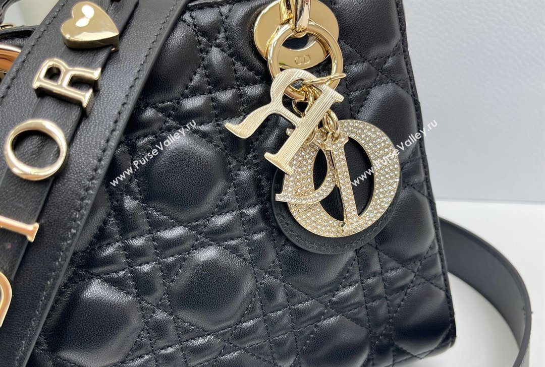 Dior Small Lady Dior My ABCDior Bag in Cannage Lambskin Leather with Strass Charm Black/Gold 2026 0126 (XXG-260126052)