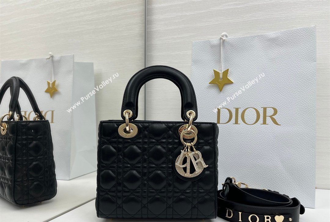 Dior Small Lady Dior My ABCDior Bag in Cannage Lambskin Leather with Strass Charm Black/Gold 2026 0126 (XXG-260126052)