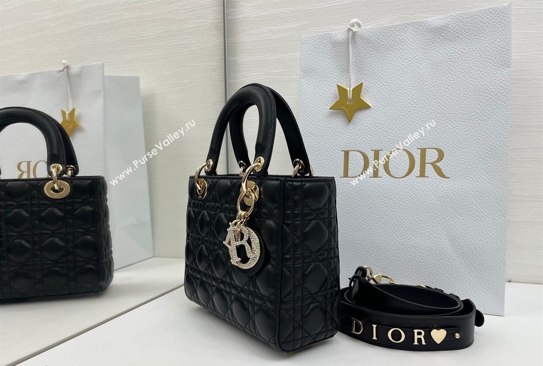 Dior Small Lady Dior My ABCDior Bag in Cannage Lambskin Leather with Strass Charm Black/Gold 2026 0126 (XXG-260126052)
