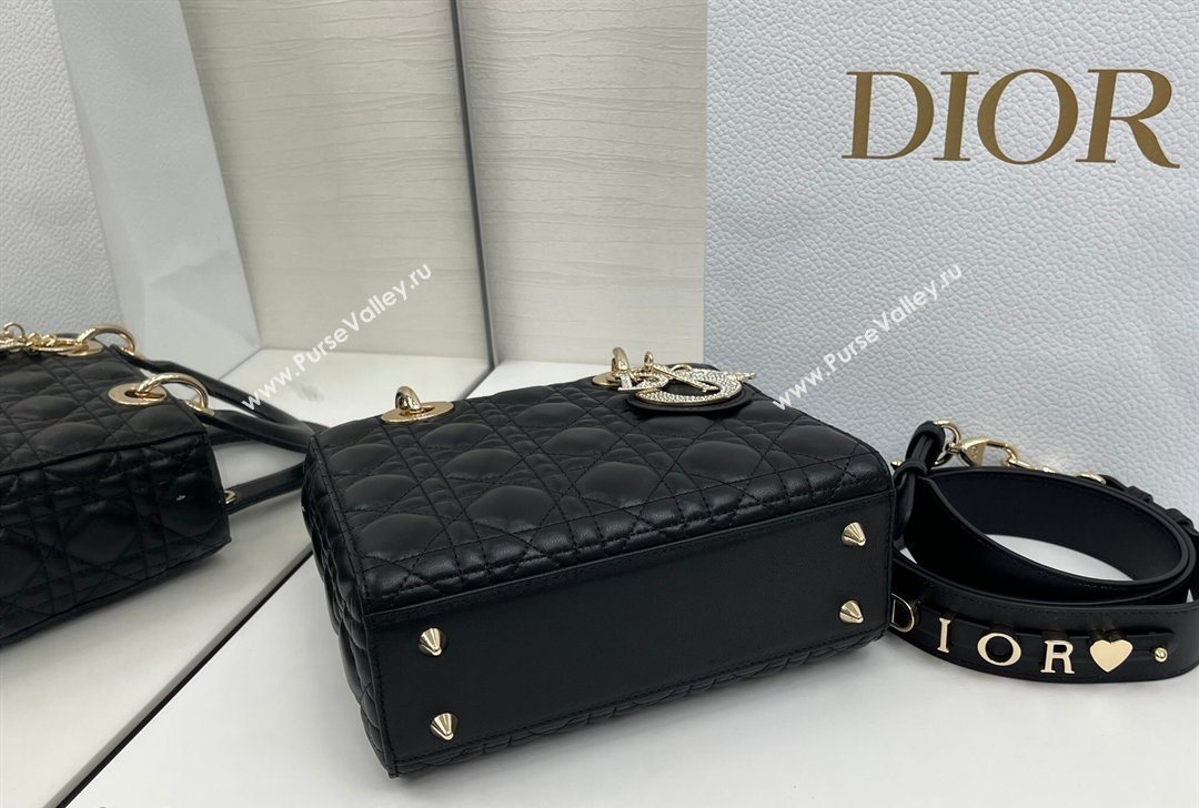 Dior Small Lady Dior My ABCDior Bag in Cannage Lambskin Leather with Strass Charm Black/Gold 2026 0126 (XXG-260126052)