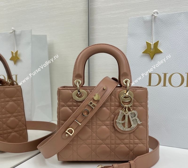 Dior Small Lady Dior My ABCDior Bag in Cannage Lambskin Leather with Strass Charm Rose Beige 2026 0126 (XXG-260126053)