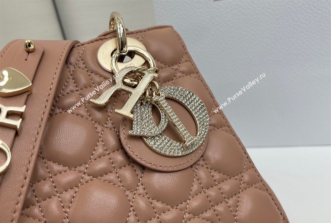 Dior Small Lady Dior My ABCDior Bag in Cannage Lambskin Leather with Strass Charm Rose Beige 2026 0126 (XXG-260126053)