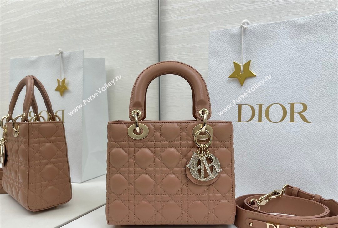 Dior Small Lady Dior My ABCDior Bag in Cannage Lambskin Leather with Strass Charm Rose Beige 2026 0126 (XXG-260126053)