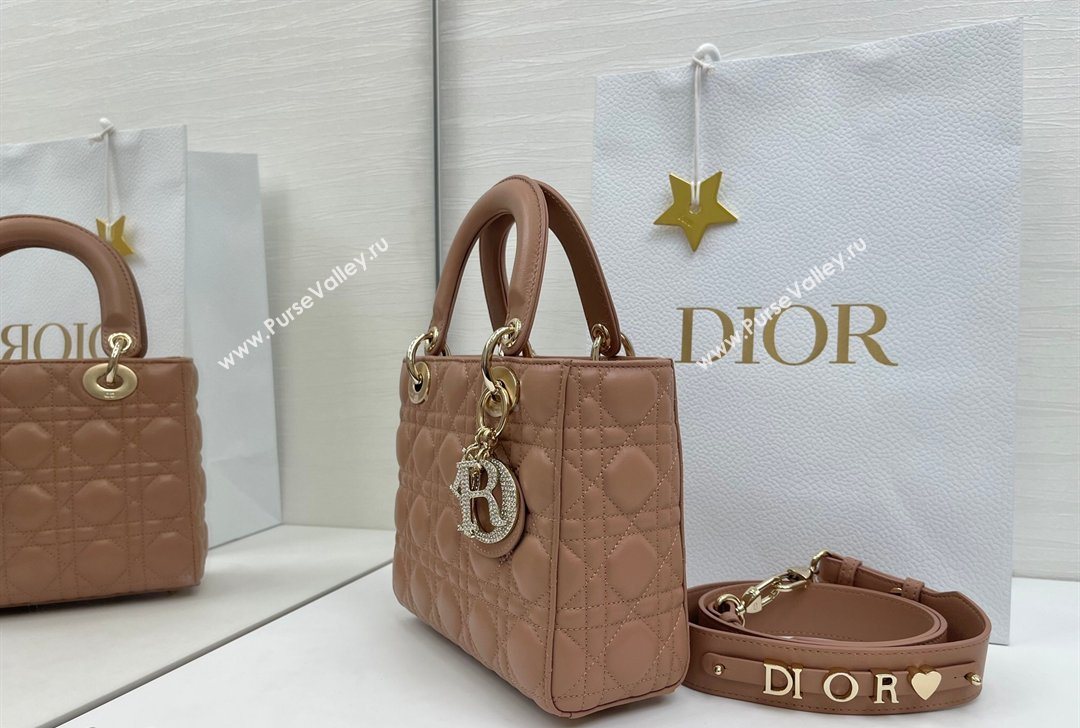 Dior Small Lady Dior My ABCDior Bag in Cannage Lambskin Leather with Strass Charm Rose Beige 2026 0126 (XXG-260126053)