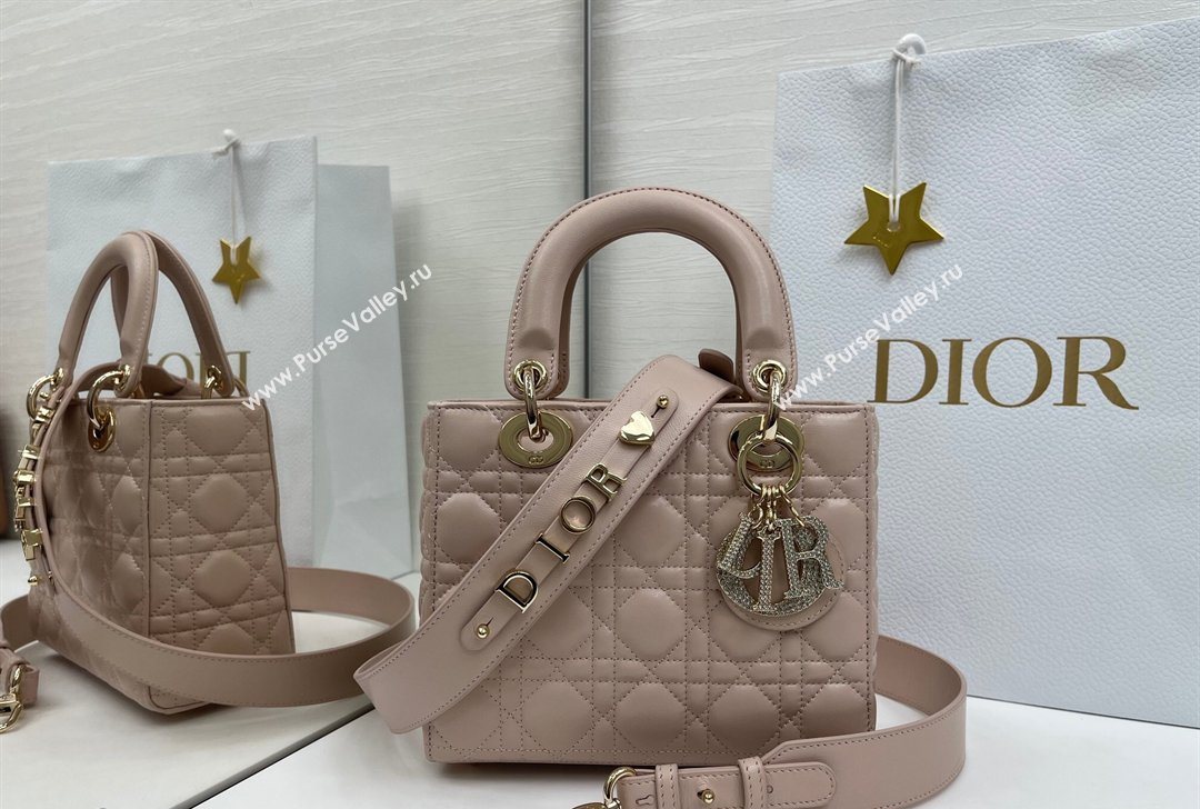 Dior Small Lady Dior My ABCDior Bag in Cannage Lambskin Leather with Strass Charm Pale Pink 2026 0126 (XXG-260126054)