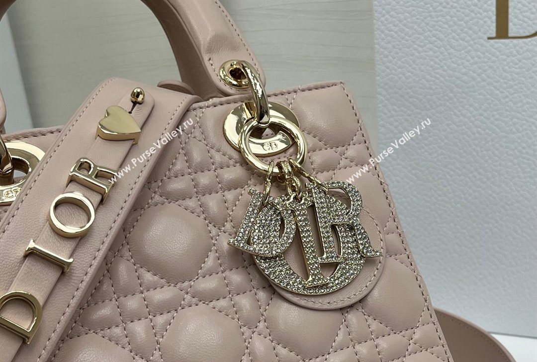 Dior Small Lady Dior My ABCDior Bag in Cannage Lambskin Leather with Strass Charm Pale Pink 2026 0126 (XXG-260126054)