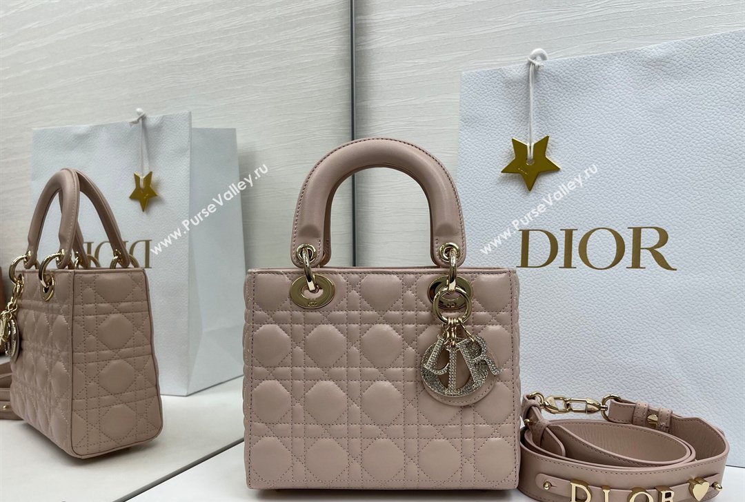 Dior Small Lady Dior My ABCDior Bag in Cannage Lambskin Leather with Strass Charm Pale Pink 2026 0126 (XXG-260126054)