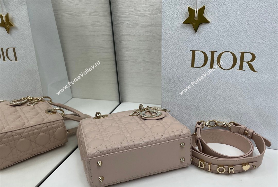 Dior Small Lady Dior My ABCDior Bag in Cannage Lambskin Leather with Strass Charm Pale Pink 2026 0126 (XXG-260126054)