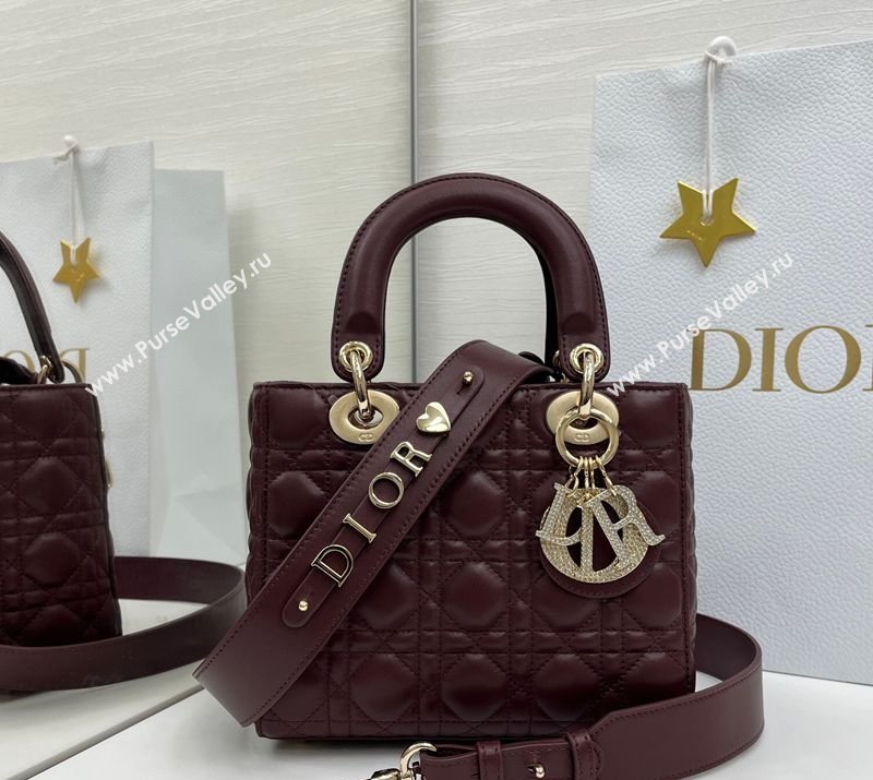 Dior Small Lady Dior My ABCDior Bag in Cannage Lambskin Leather with Strass Charm Burgundy 2026 0126 (XXG-260126055)