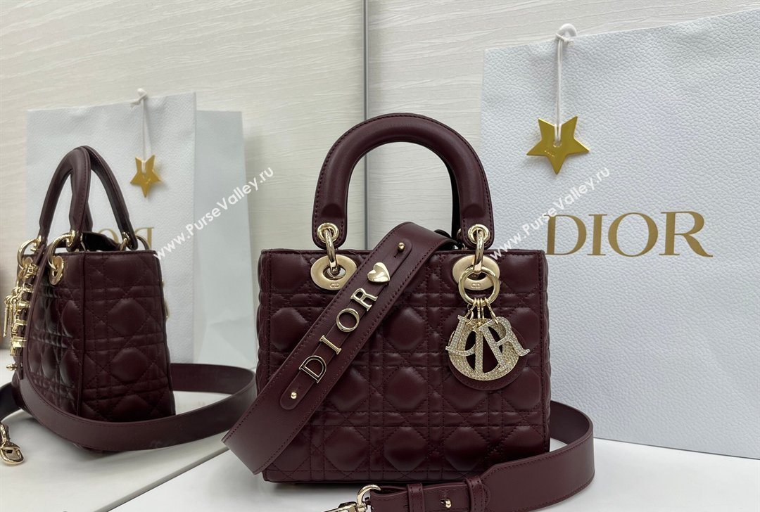 Dior Small Lady Dior My ABCDior Bag in Cannage Lambskin Leather with Strass Charm Burgundy 2026 0126 (XXG-260126055)
