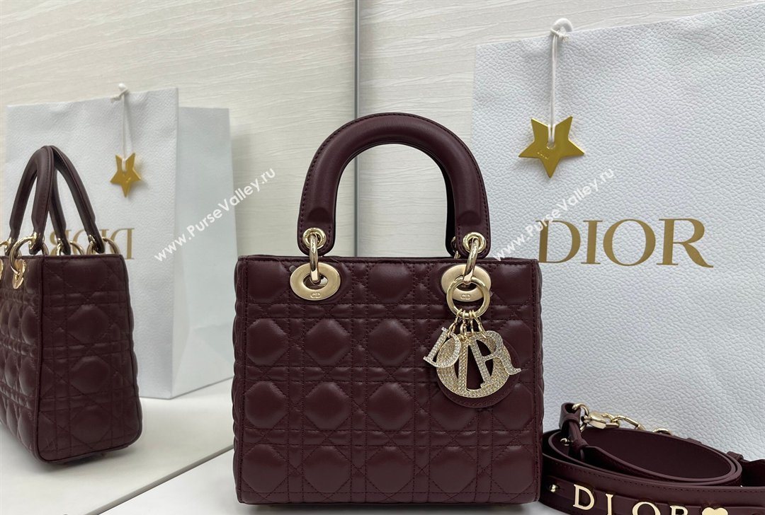 Dior Small Lady Dior My ABCDior Bag in Cannage Lambskin Leather with Strass Charm Burgundy 2026 0126 (XXG-260126055)