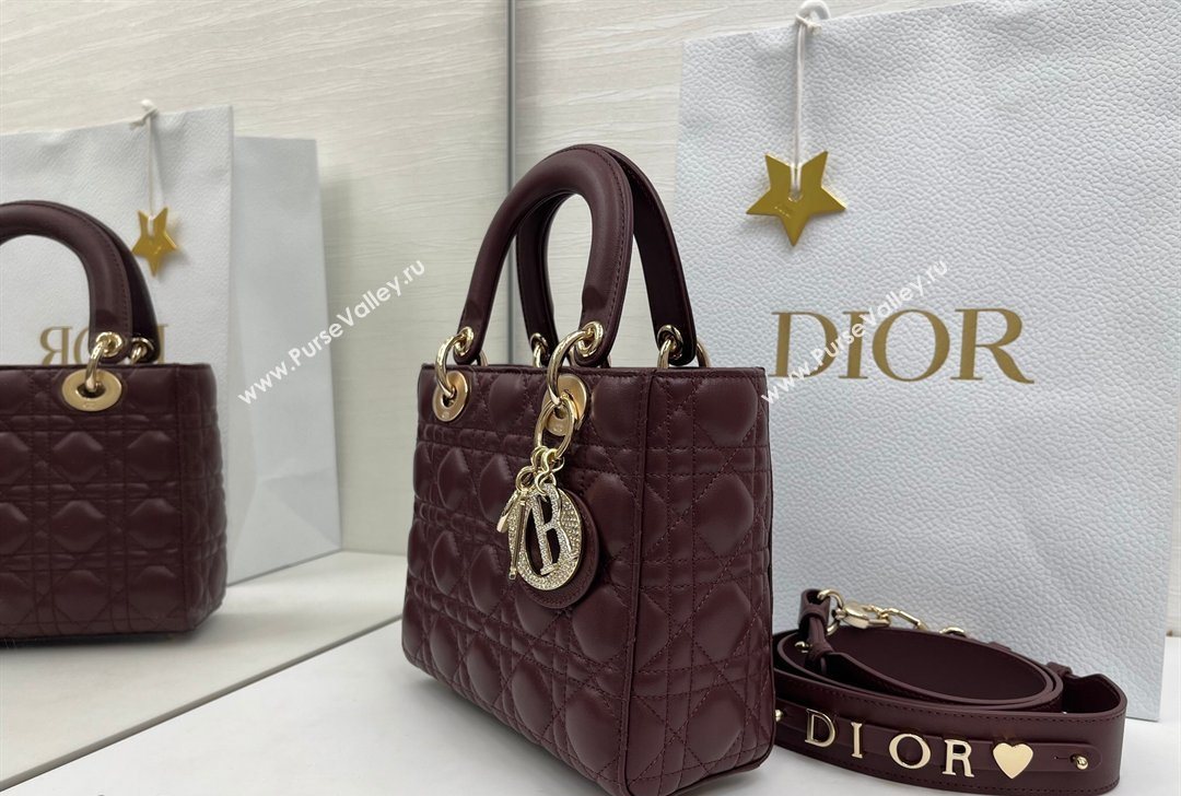 Dior Small Lady Dior My ABCDior Bag in Cannage Lambskin Leather with Strass Charm Burgundy 2026 0126 (XXG-260126055)