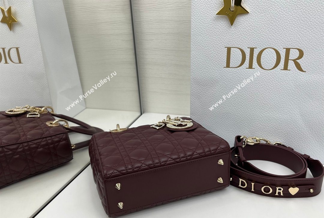 Dior Small Lady Dior My ABCDior Bag in Cannage Lambskin Leather with Strass Charm Burgundy 2026 0126 (XXG-260126055)