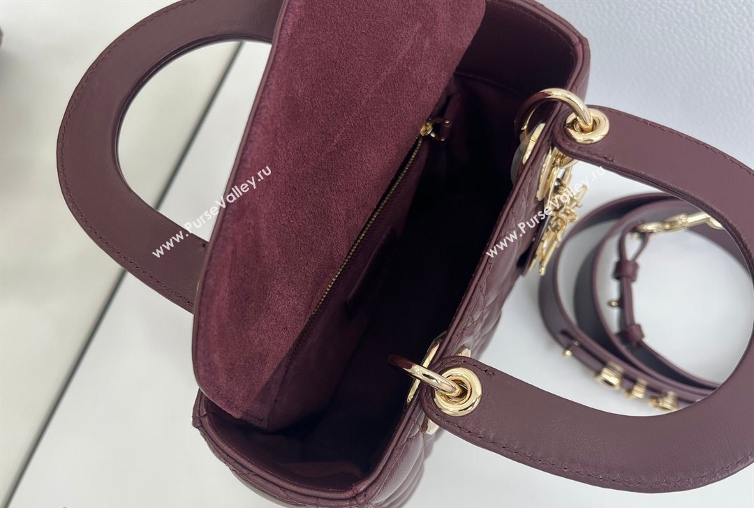 Dior Small Lady Dior My ABCDior Bag in Cannage Lambskin Leather with Strass Charm Burgundy 2026 0126 (XXG-260126055)