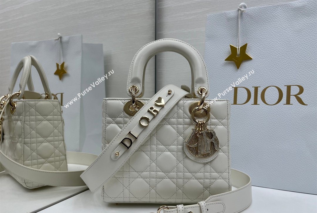 Dior Small Lady Dior My ABCDior Bag in Cannage Lambskin Leather with Strass Charm White 2026 0126 (XXG-260126056)