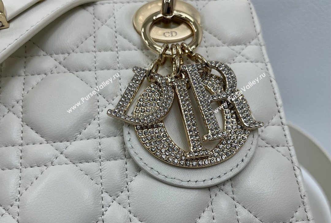 Dior Small Lady Dior My ABCDior Bag in Cannage Lambskin Leather with Strass Charm White 2026 0126 (XXG-260126056)