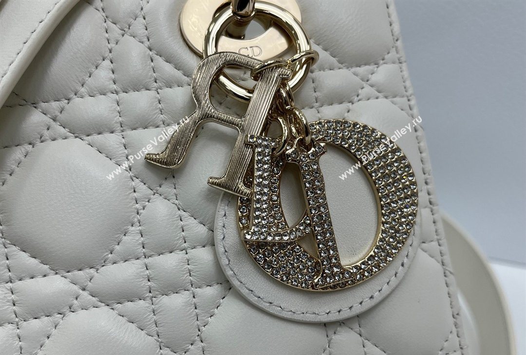 Dior Small Lady Dior My ABCDior Bag in Cannage Lambskin Leather with Strass Charm White 2026 0126 (XXG-260126056)