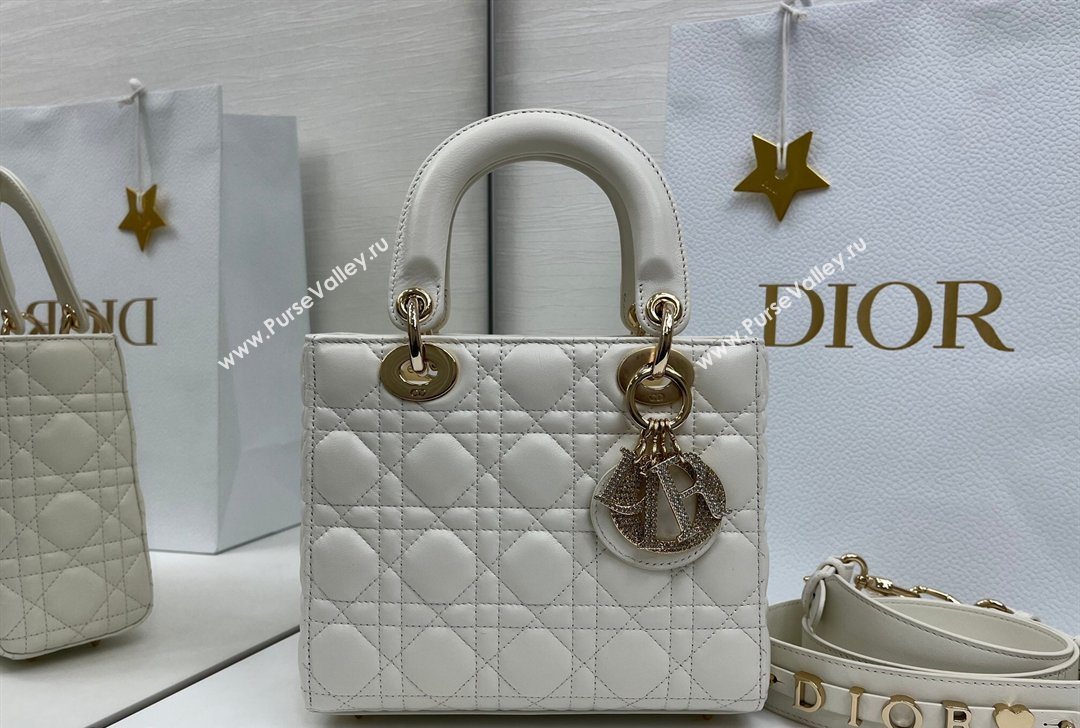 Dior Small Lady Dior My ABCDior Bag in Cannage Lambskin Leather with Strass Charm White 2026 0126 (XXG-260126056)