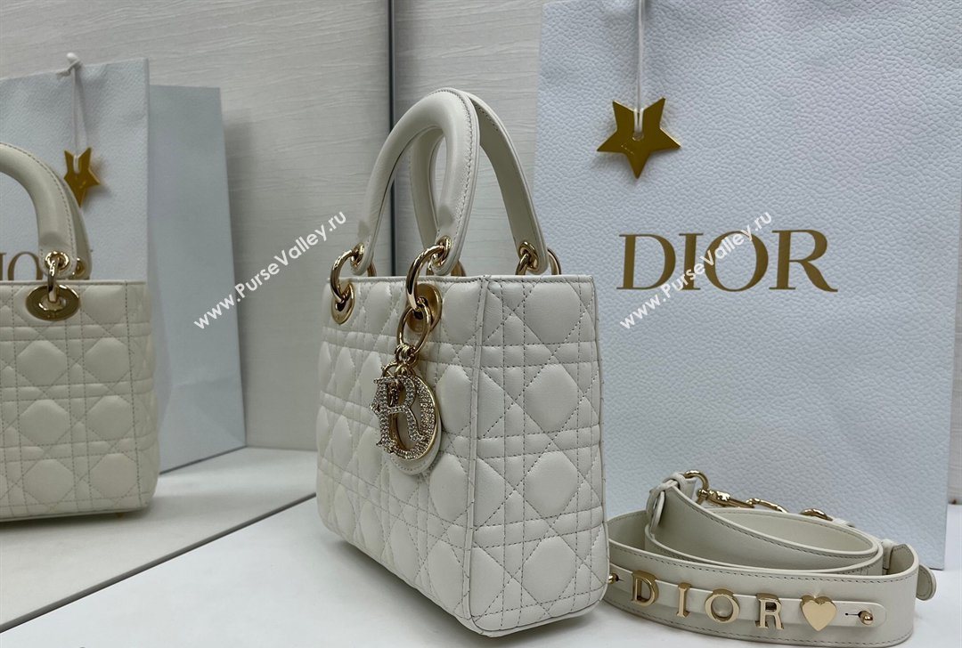 Dior Small Lady Dior My ABCDior Bag in Cannage Lambskin Leather with Strass Charm White 2026 0126 (XXG-260126056)