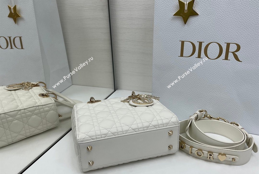 Dior Small Lady Dior My ABCDior Bag in Cannage Lambskin Leather with Strass Charm White 2026 0126 (XXG-260126056)